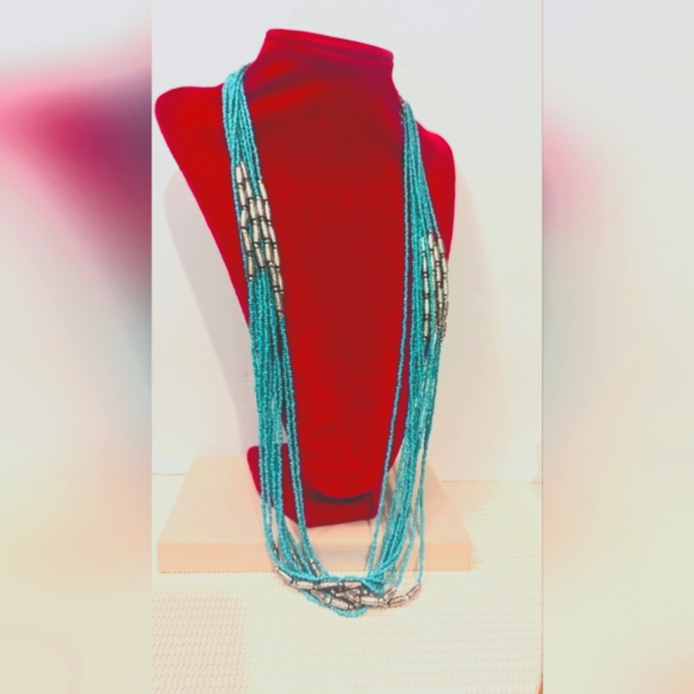 Turquoise Beaded Necklace with Silver Accents 34"